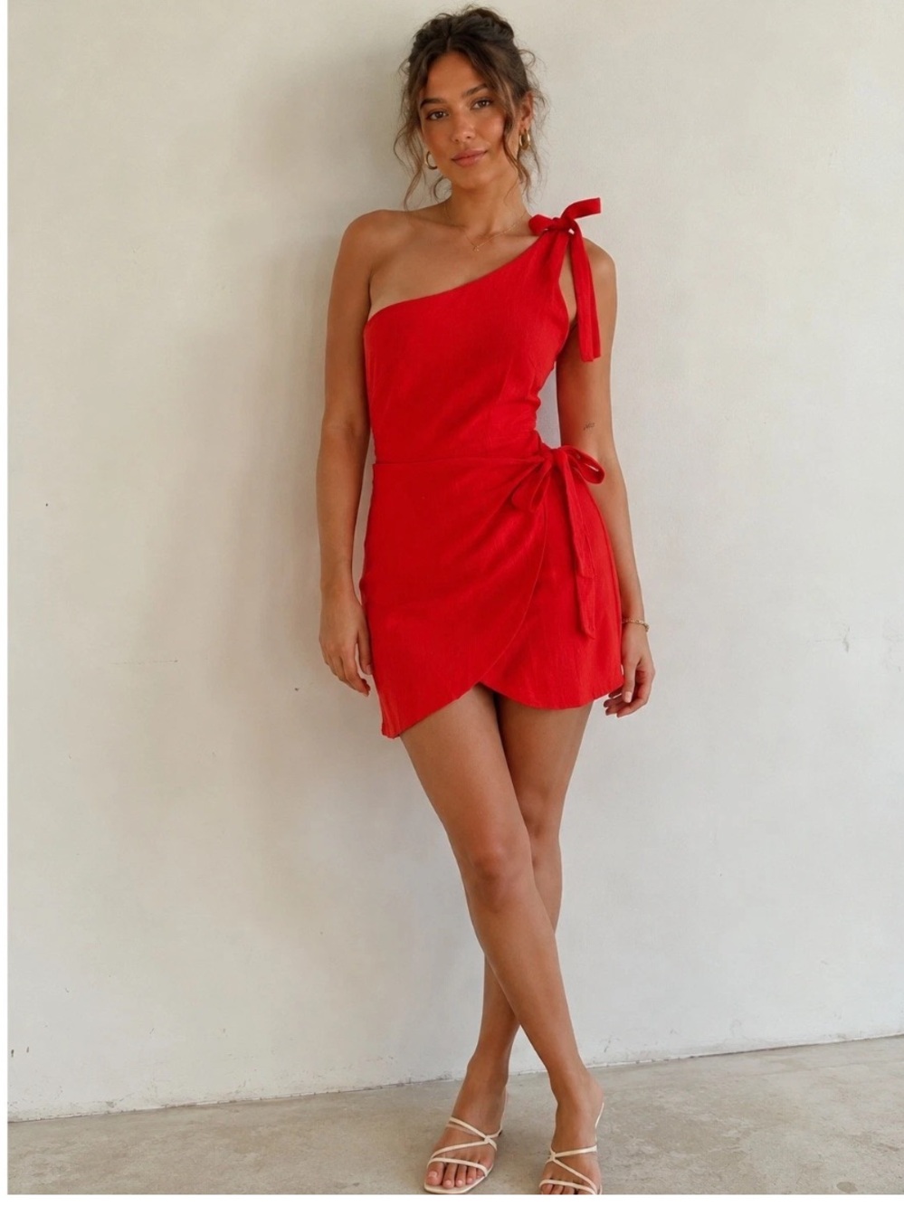 White Fox red one shoulder waist tie mini dress linen blend size SM cocktail